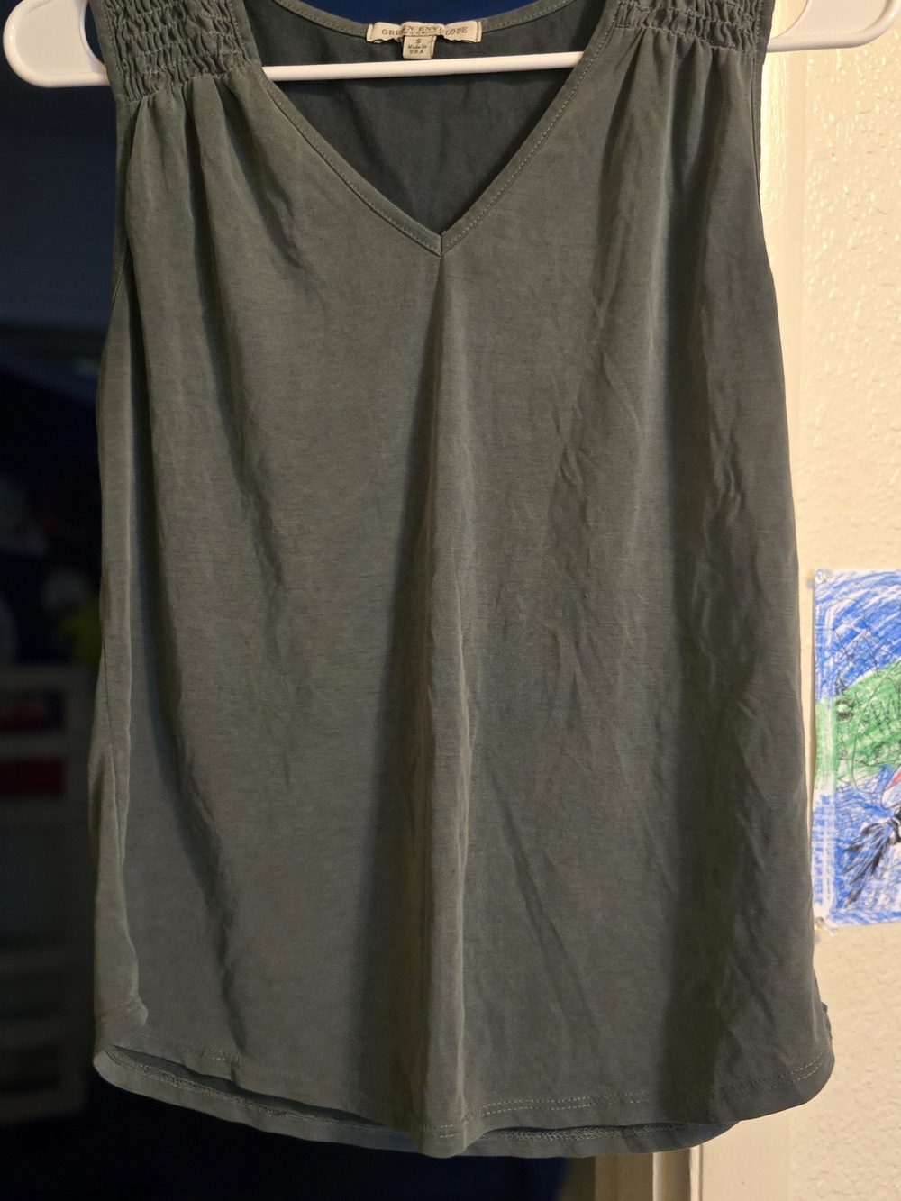Green Envelope Slate-Teal Smocked Shoulder V-Neck Tank